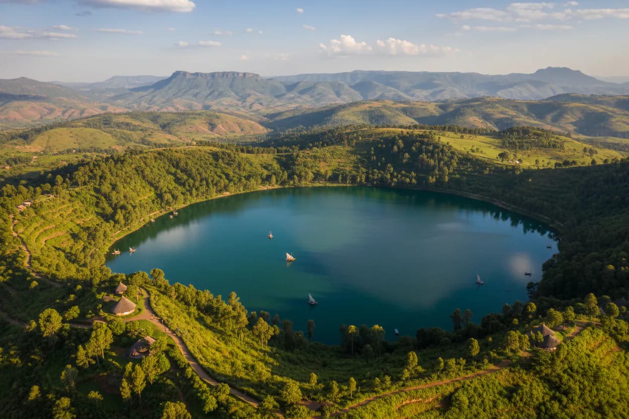 Oromia crater lake surrounded by green highlands